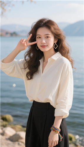 米白色衬衫卷发美女写真图片